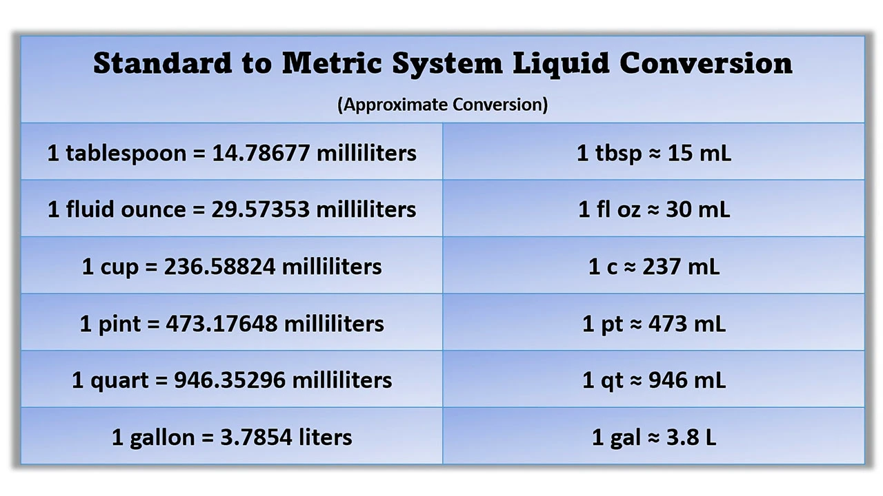 Conversion Factors for Other Liquid Measurements